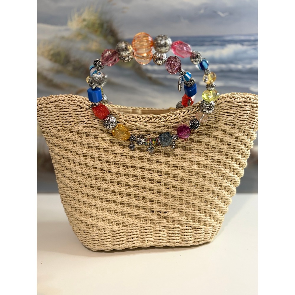 Cappelli Straworld Woven Straw Tote Beach Bag Beaded Handle Charms Tan Summer - Picture 4 of 10